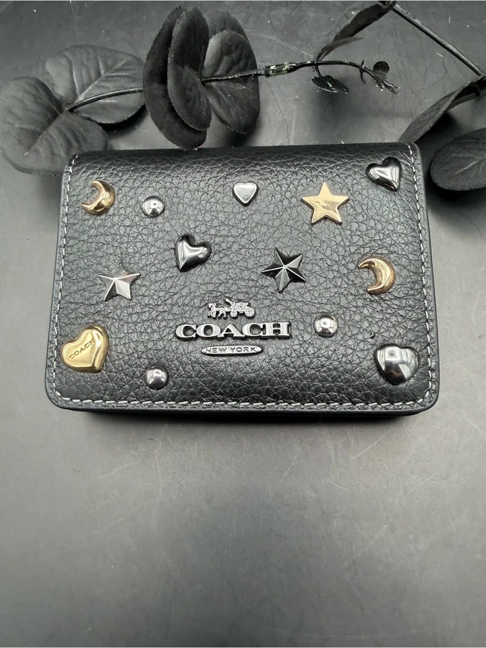 Coach Black Pebbled Leather Chain Wallet with Rivets